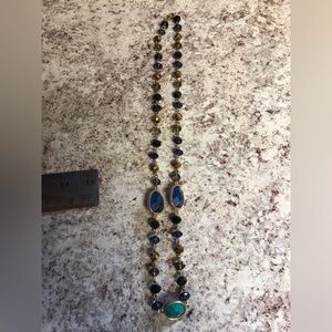 Gold Tone Necklace With Faceted Beads In Turquoise, Blues, & Purples 11”
